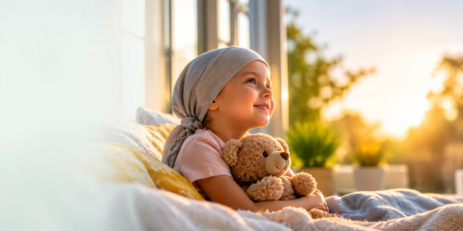 A smiling child wearing a headscarf hugs a teddy bear beside a sunlit window.
