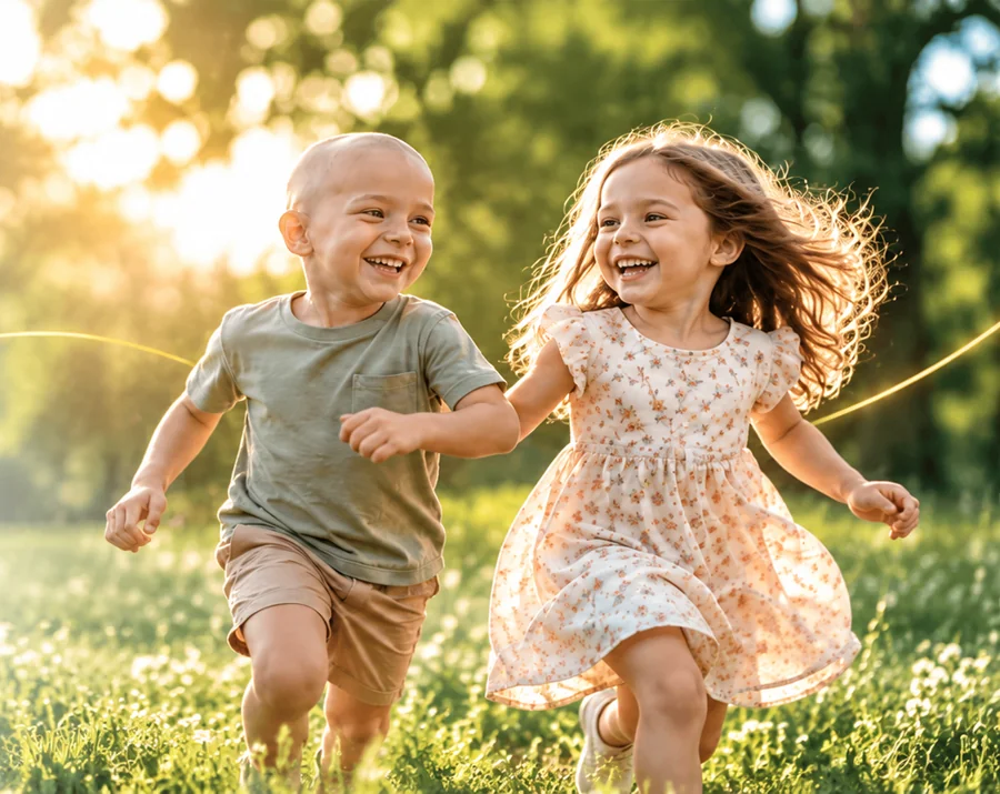 Two smiling children running together through a sunlit meadow.